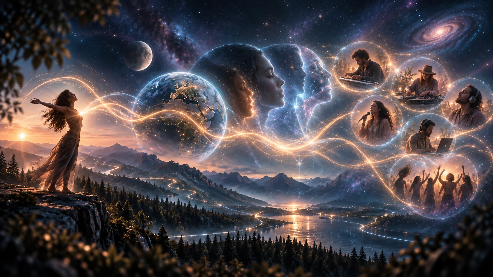 A woman on a cliff at sunrise opening her arms as glowing lines of sound flow past the Earth and three luminous human profiles toward creators making music, singing, DJing and dancing together